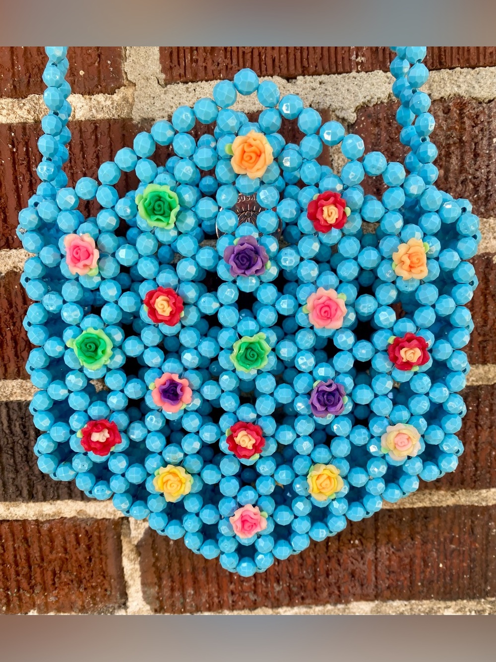 Susan Alexandra Blue Beaded Crossbody Bag with Multicolor Roses
